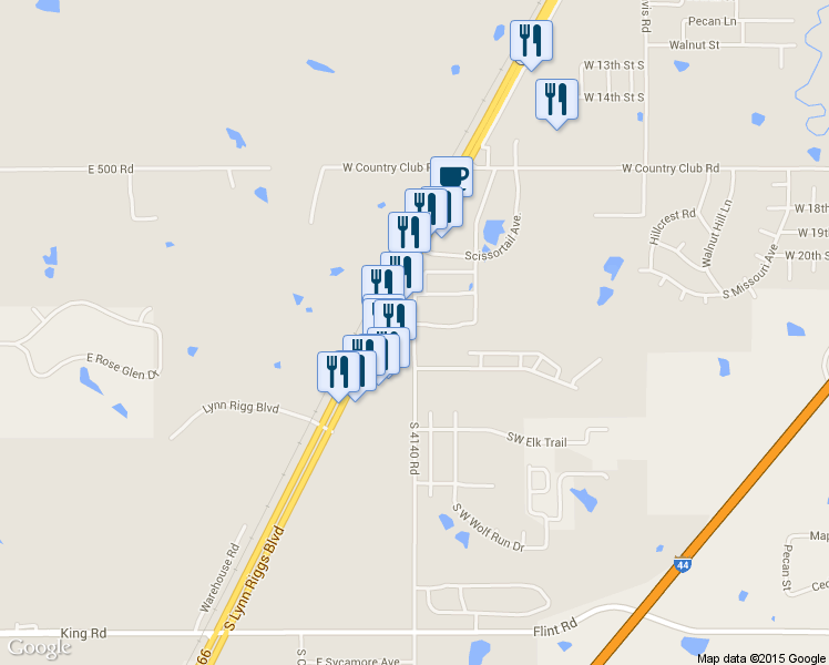 map of restaurants, bars, coffee shops, grocery stores, and more near 2000 Frederick Road in Claremore