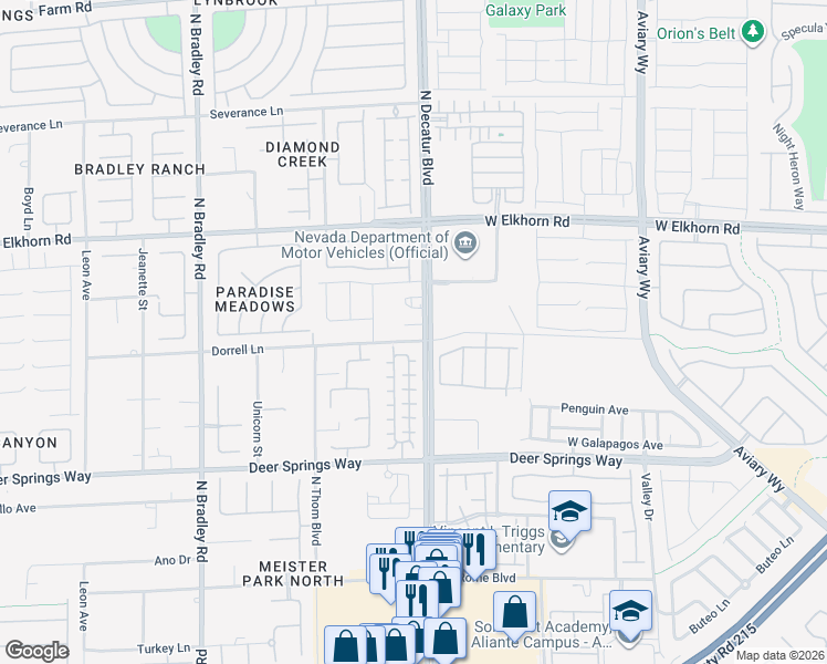 map of restaurants, bars, coffee shops, grocery stores, and more near 6885 North Decatur Boulevard in North Las Vegas