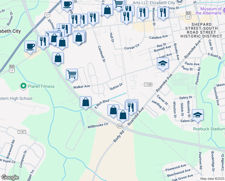 map of restaurants, bars, coffee shops, grocery stores, and more near 128 Sutton Dr in Elizabeth City