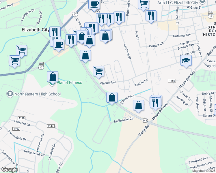 map of restaurants, bars, coffee shops, grocery stores, and more near 902 Halstead Boulevard in Elizabeth City