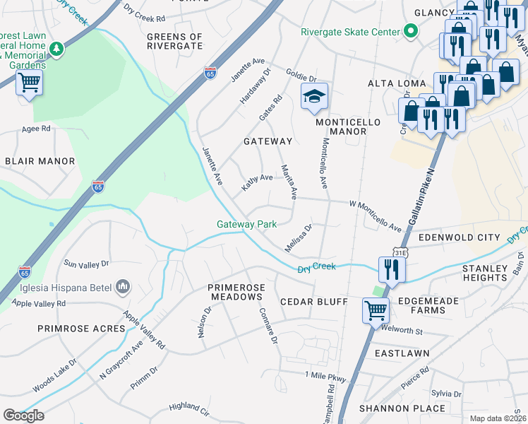map of restaurants, bars, coffee shops, grocery stores, and more near 206 Friendship Drive in Goodlettsville