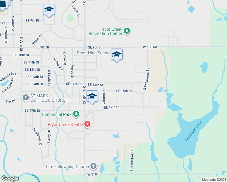 map of restaurants, bars, coffee shops, grocery stores, and more near 1017 Southeast 15th Street in Pryor