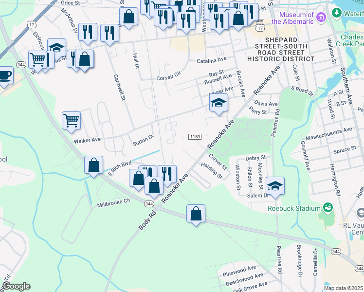 map of restaurants, bars, coffee shops, grocery stores, and more near 124 Franklin Street in Elizabeth City