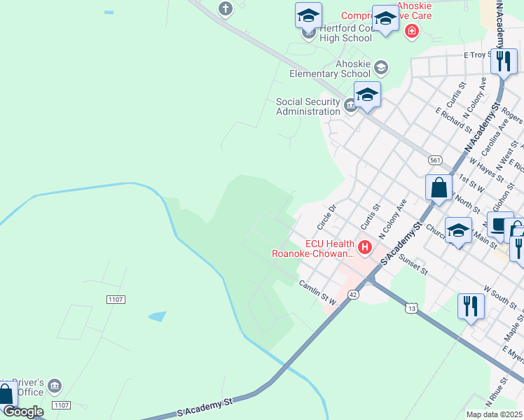 map of restaurants, bars, coffee shops, grocery stores, and more near 1498 East Memorial Drive in Ahoskie