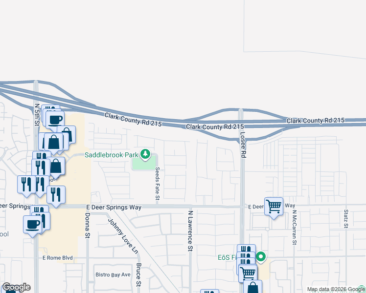 map of restaurants, bars, coffee shops, grocery stores, and more near Bruce Woodbury Beltway in North Las Vegas