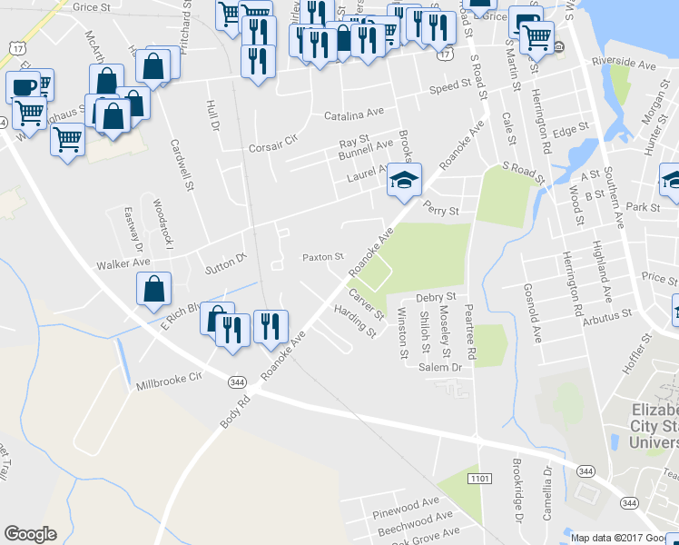 map of restaurants, bars, coffee shops, grocery stores, and more near 714 Roanoke Avenue in Elizabeth City