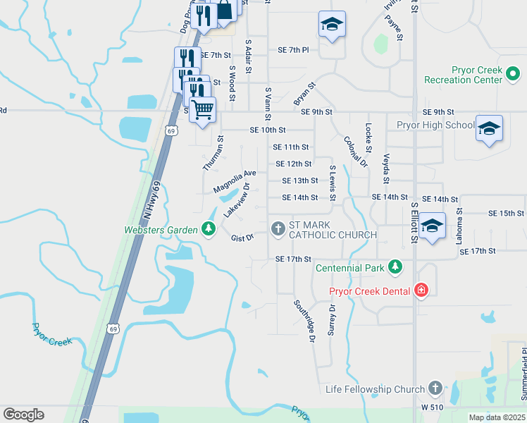 map of restaurants, bars, coffee shops, grocery stores, and more near 230 Southeast 15th Court in Pryor