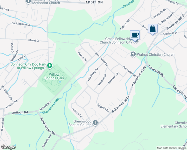map of restaurants, bars, coffee shops, grocery stores, and more near 3007 Vicksburg Road in Johnson City