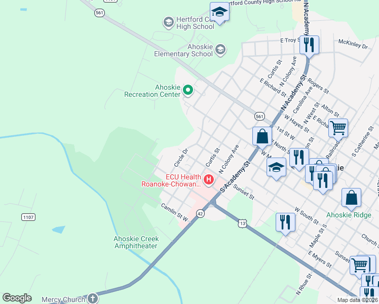 map of restaurants, bars, coffee shops, grocery stores, and more near 321 Circle Drive in Ahoskie