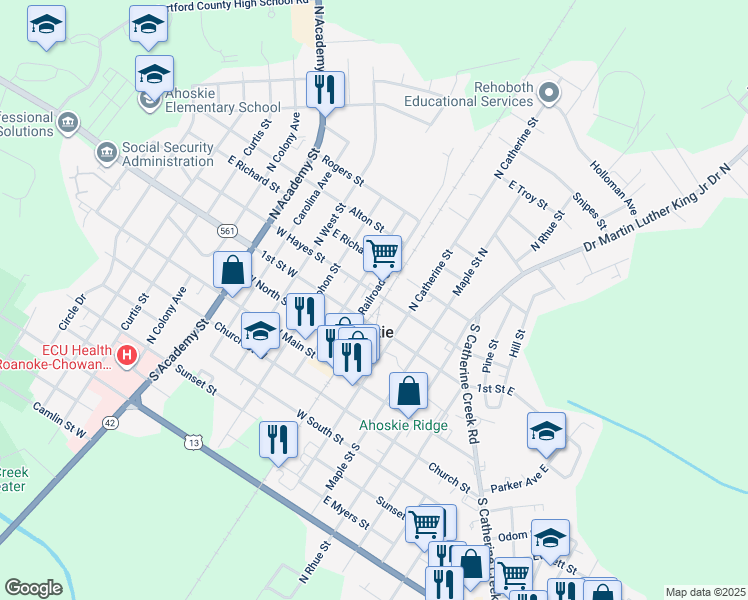 map of restaurants, bars, coffee shops, grocery stores, and more near 314 Railroad Street in Ahoskie