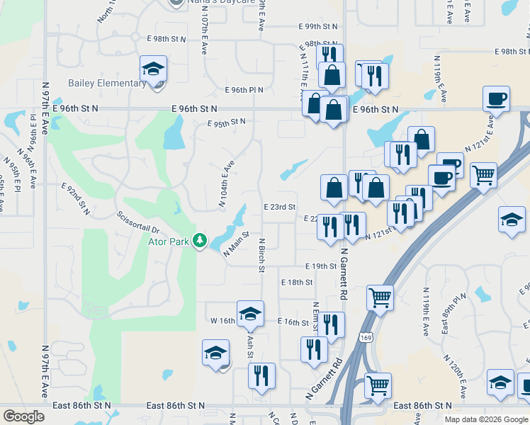 map of restaurants, bars, coffee shops, grocery stores, and more near 2201 North Birch Street in Owasso