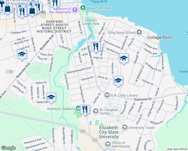 map of restaurants, bars, coffee shops, grocery stores, and more near 1219 Southern Avenue in Elizabeth City