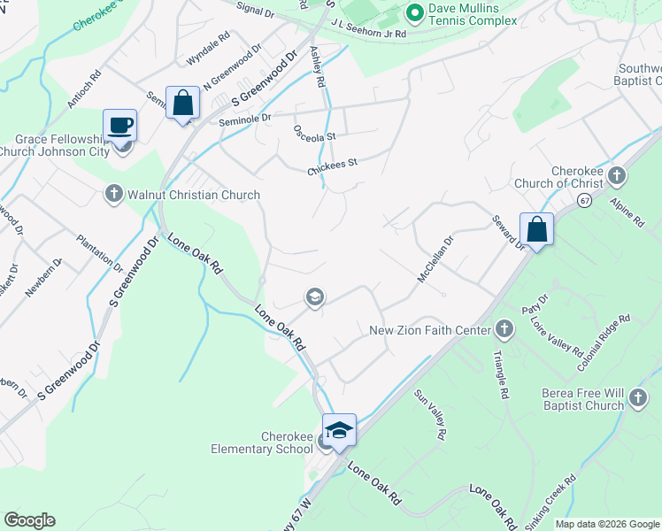 map of restaurants, bars, coffee shops, grocery stores, and more near 2207 Forest Acres Drive in Johnson City