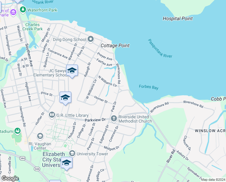 map of restaurants, bars, coffee shops, grocery stores, and more near 1105 Park Drive in Elizabeth City