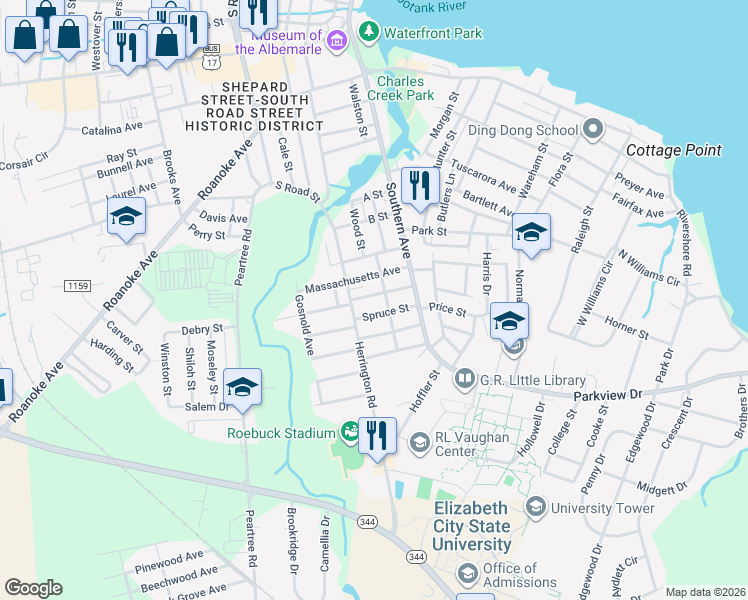 map of restaurants, bars, coffee shops, grocery stores, and more near 511 Hemlock Street in Elizabeth City