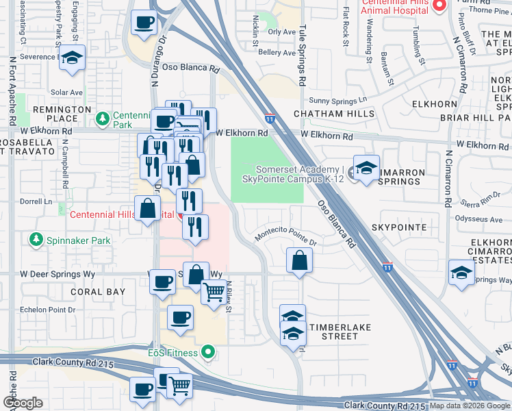 map of restaurants, bars, coffee shops, grocery stores, and more near 8426 Vacarez Drive in Las Vegas