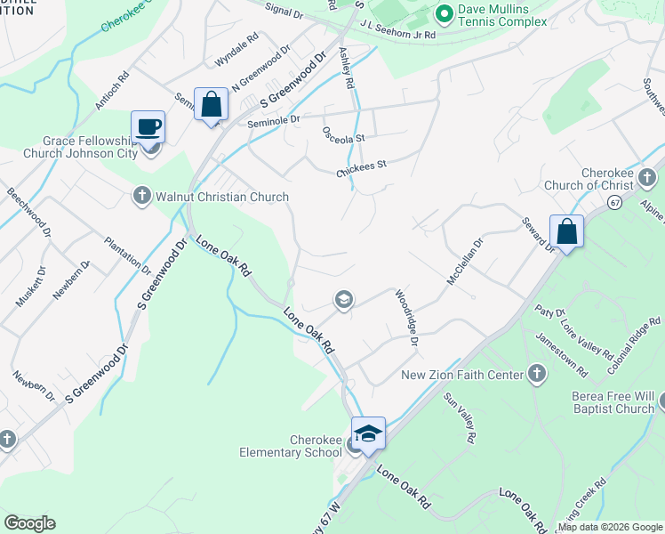 map of restaurants, bars, coffee shops, grocery stores, and more near 2234 Forest Acres Drive in Johnson City