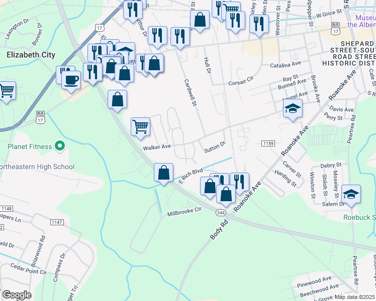 map of restaurants, bars, coffee shops, grocery stores, and more near 402 Woodstock II in Elizabeth City