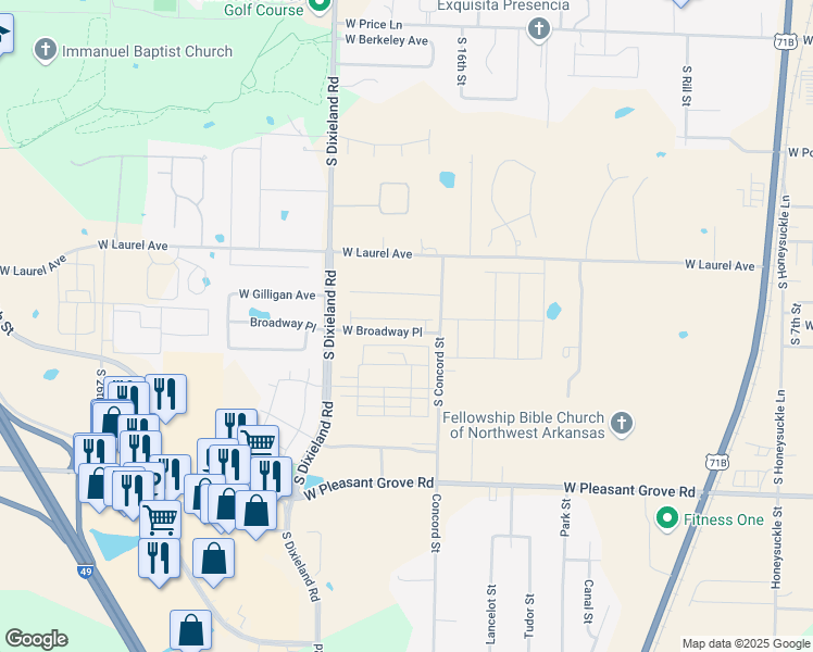 map of restaurants, bars, coffee shops, grocery stores, and more near 1713 West Broadway Place in Rogers