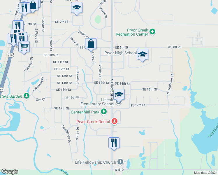 map of restaurants, bars, coffee shops, grocery stores, and more near 1409 Meadow Trace Drive in Pryor