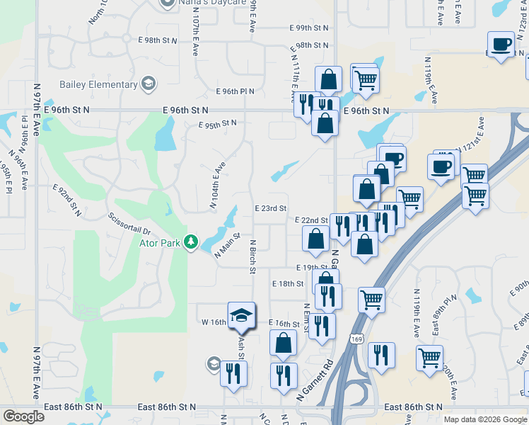 map of restaurants, bars, coffee shops, grocery stores, and more near 2201 North Birch Street in Owasso