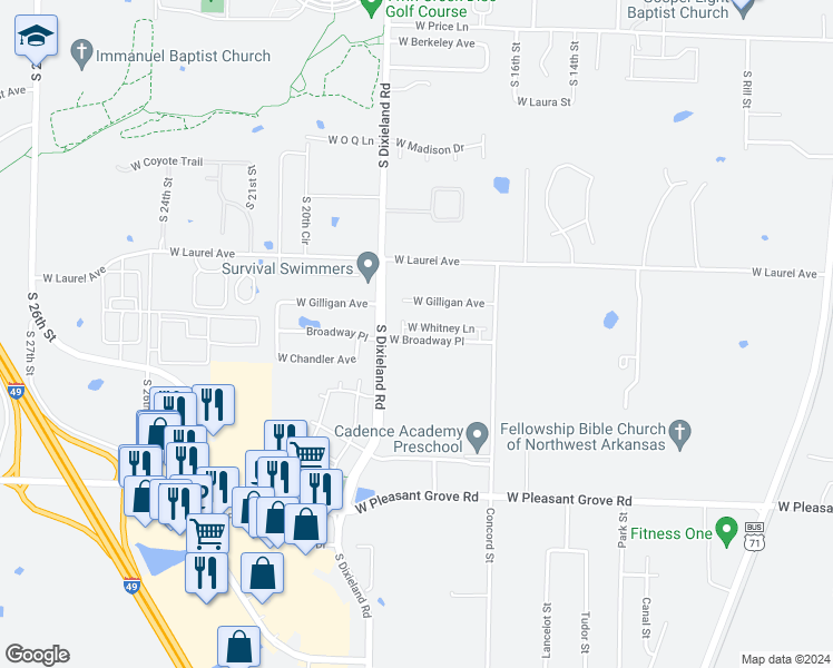 map of restaurants, bars, coffee shops, grocery stores, and more near 1733 West Broadway Place in Rogers