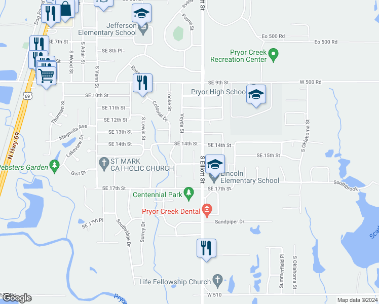 map of restaurants, bars, coffee shops, grocery stores, and more near 1408 Meadow Trace Drive in Pryor