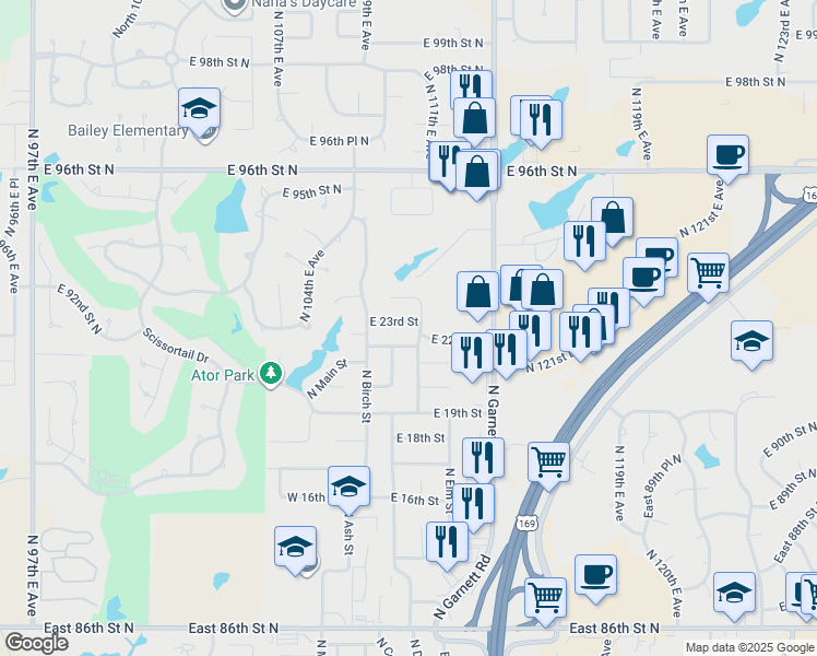 map of restaurants, bars, coffee shops, grocery stores, and more near 306 East 23rd Street in Owasso