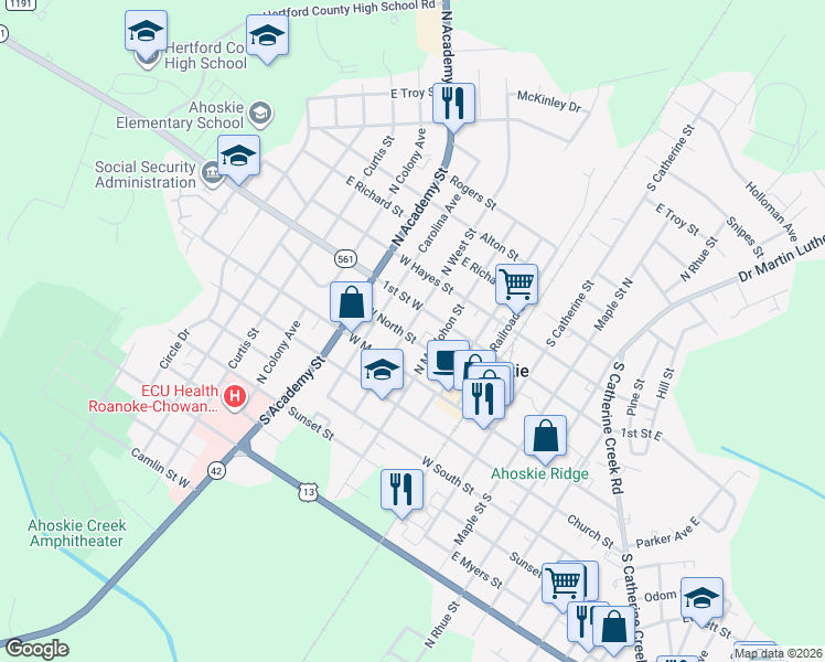 map of restaurants, bars, coffee shops, grocery stores, and more near 330 West North Street in Ahoskie