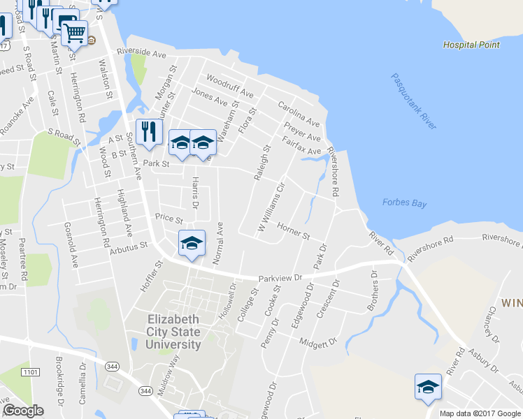 map of restaurants, bars, coffee shops, grocery stores, and more near 1119 West Williams Circle in Elizabeth City