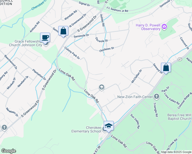 map of restaurants, bars, coffee shops, grocery stores, and more near 2234 Forest Acres Drive in Johnson City