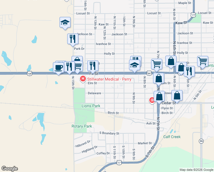 map of restaurants, bars, coffee shops, grocery stores, and more near 1128 Elm St in Perry