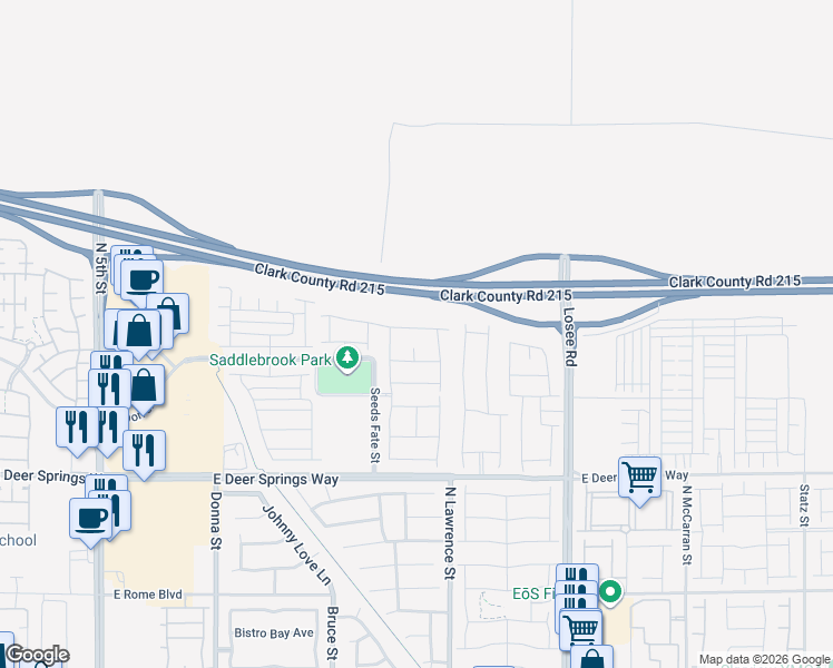 map of restaurants, bars, coffee shops, grocery stores, and more near Bruce Woodbury Beltway in North Las Vegas