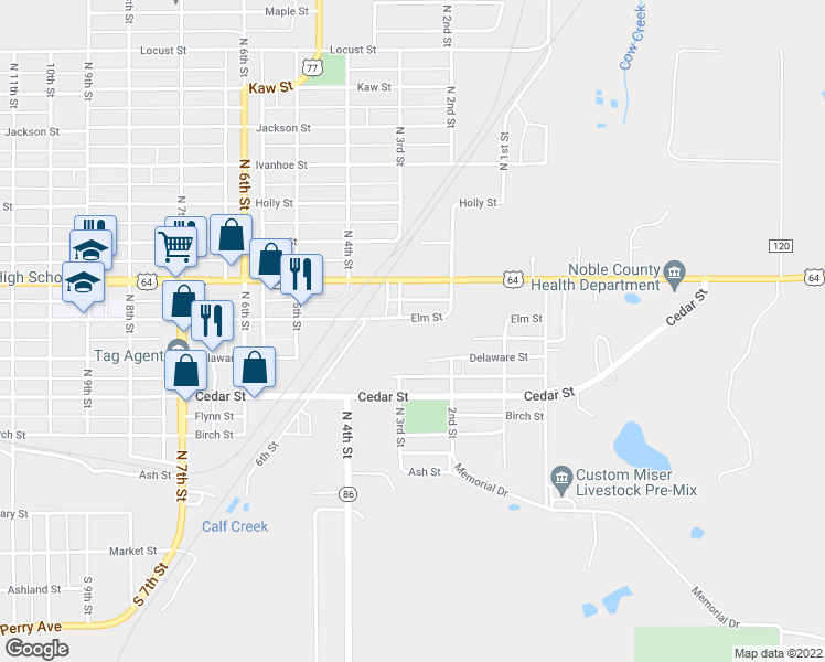map of restaurants, bars, coffee shops, grocery stores, and more near 230 Elm Street in Perry