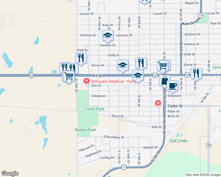 map of restaurants, bars, coffee shops, grocery stores, and more near 1128 Elm Street in Perry