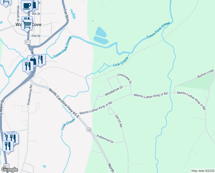 map of restaurants, bars, coffee shops, grocery stores, and more near 1027 Northridge Street in Walnut Cove