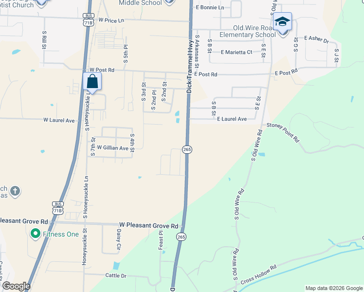 map of restaurants, bars, coffee shops, grocery stores, and more near 3512 South 1st Street in Rogers