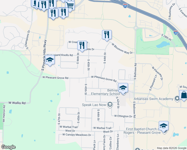 map of restaurants, bars, coffee shops, grocery stores, and more near 5212 South 44th Place in Rogers