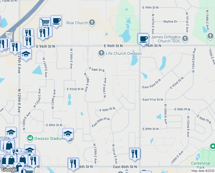 map of restaurants, bars, coffee shops, grocery stores, and more near 9203 North 139th East Avenue in Owasso
