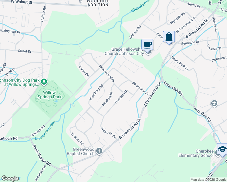 map of restaurants, bars, coffee shops, grocery stores, and more near 2903 Muskett Dr in Johnson City