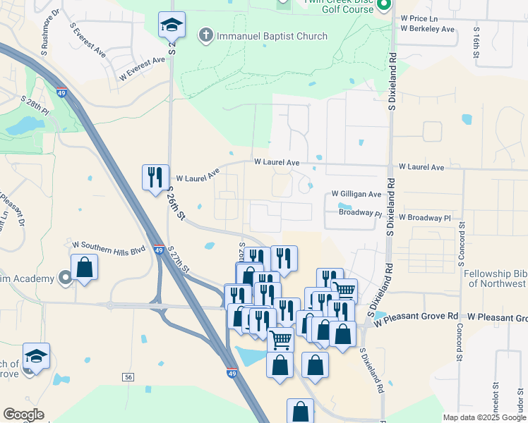 map of restaurants, bars, coffee shops, grocery stores, and more near 2901 South 26th Place in Rogers