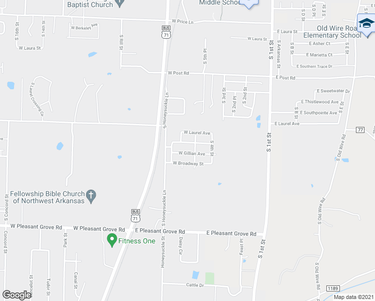 map of restaurants, bars, coffee shops, grocery stores, and more near 505 West Gillian Avenue in Rogers