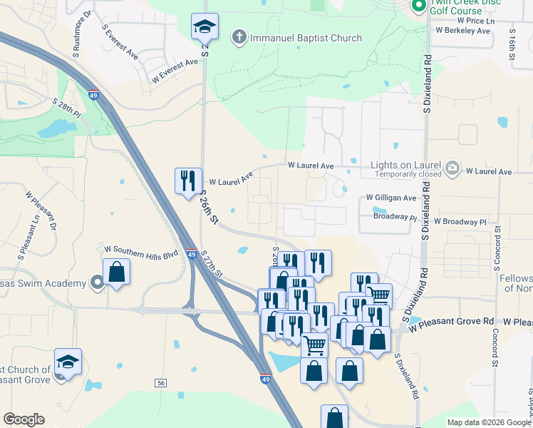 map of restaurants, bars, coffee shops, grocery stores, and more near 2500 West Laurel Avenue in Rogers