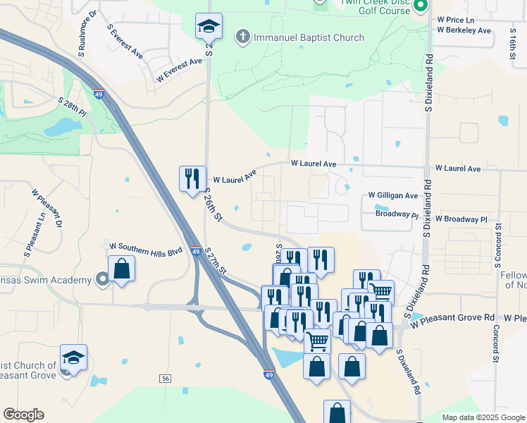 map of restaurants, bars, coffee shops, grocery stores, and more near 2500 West Laurel Avenue in Rogers