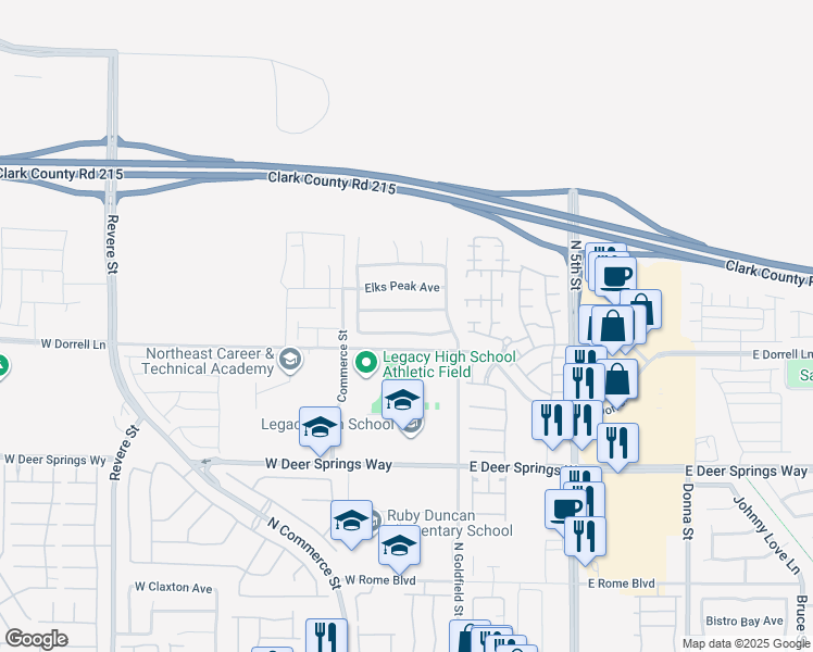 map of restaurants, bars, coffee shops, grocery stores, and more near 108 Whitetail Archery Avenue in North Las Vegas