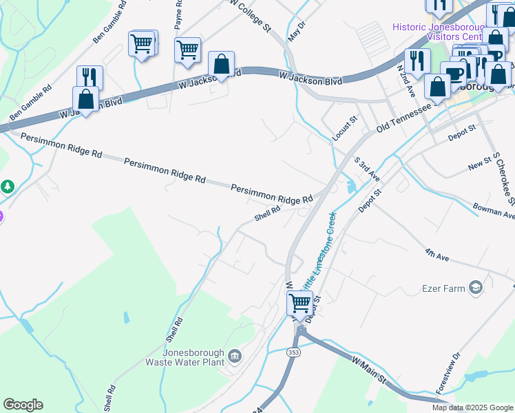 map of restaurants, bars, coffee shops, grocery stores, and more near 205 Landon Trail in Jonesborough