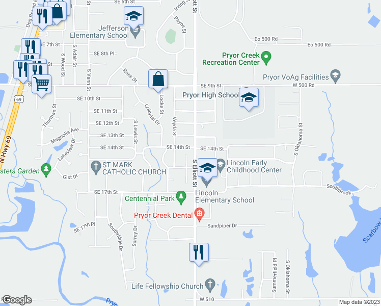map of restaurants, bars, coffee shops, grocery stores, and more near 1405 Meadow Trace Drive in Pryor