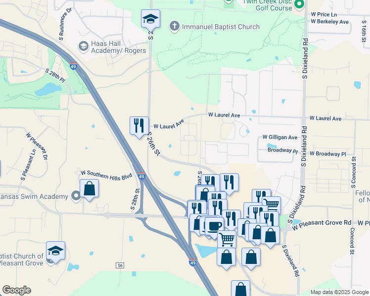 map of restaurants, bars, coffee shops, grocery stores, and more near 2950 South Fitzroy Place in Rogers