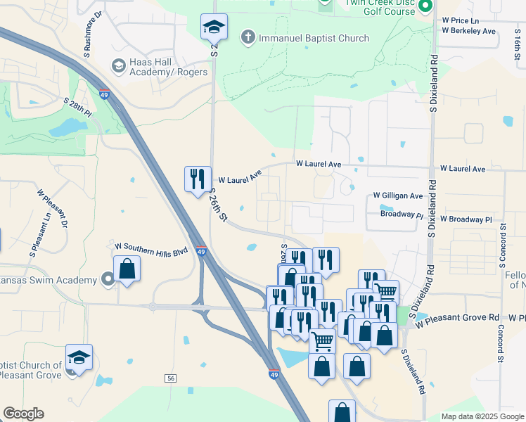 map of restaurants, bars, coffee shops, grocery stores, and more near 2950 South Fitzroy Place in Rogers