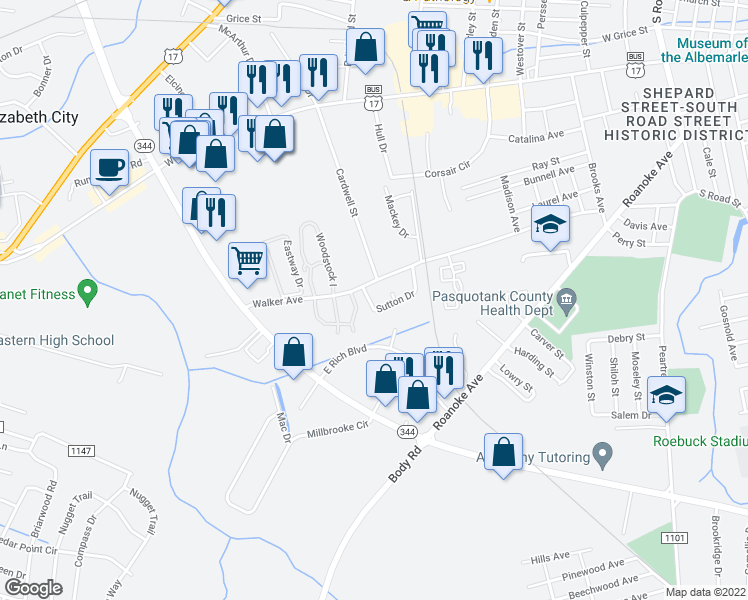 map of restaurants, bars, coffee shops, grocery stores, and more near 139 Sutton Drive in Elizabeth City